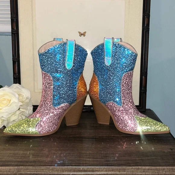 Cape Robbin Cowboy Western Ankle Heeled Boots Pointy Toe Sequin Slip-On NWOB 7.5 - Picture 7 of 13